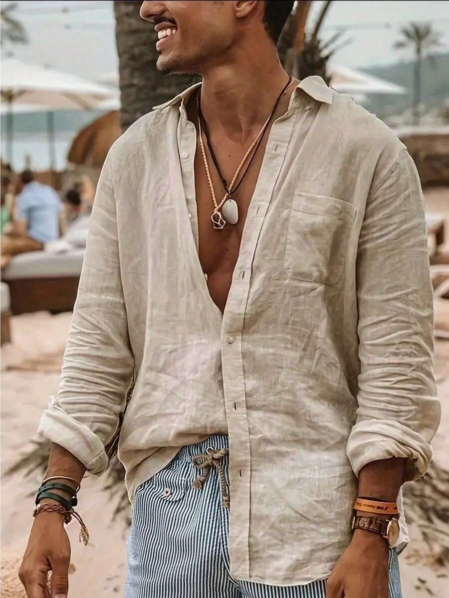 男士纯色宽松休闲衬衫，带口袋，长袖，秋季