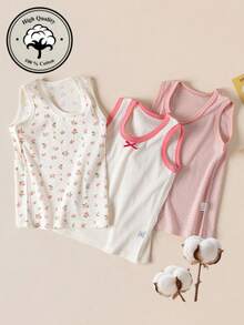 3pcs/Set Girls' Rose Floral Mesh Hollow Tank Tops, Lightweight, Breathable, Quick-Dry Cotton Summer Tops - Multicolor - View 1