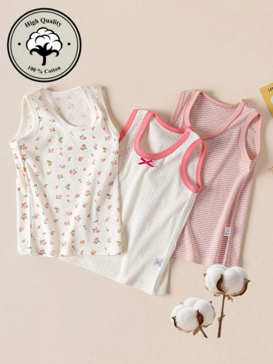 3pcs/Set Girls' Rose Floral Mesh Hollow Tank Tops, Lightweight, Breathable, Quick-Dry Cotton Summer Tops - Multicolor - View 1