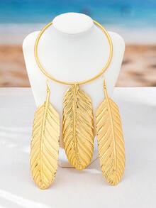 独特几何叶片纹理大羽毛项链耳环首饰套装，优雅百搭，女士礼物之选