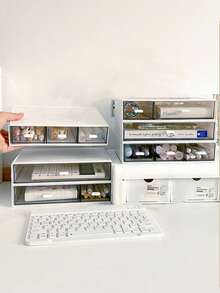 1/3 hộp đựng đồ dùng văn phòng bằng nhựa, hộp đựng mỹ phẩm dạng ngăn kéo, hộp đựng trang sức nhiều tầng có thể xếp chồng lên nhau, hộp đựng bút đa năng, ngăn kéo đựng đồ dùng văn phòng để bàn, khay đựng trong suốt, hộp bút chì, túi đựng đồ. - trắng - Xem 5