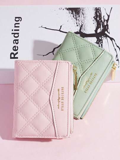 6 Colors (Light Green/Light Purple/Pink/Black/Light Blue/Beige) Lingge Pattern Women's Short Wallet, Gold Zipper Coin Purse, Mini Compact Simple Wallet, Portable Small Wallet, Reading Series, Fresh, Fashionable, Luxurious, Niche Female Accessory, Birthday Gift Recommendation