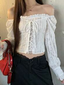 French Elegant White Tie-Up Blouse, Off-Shoulder Design, Spring/Autumn - White - View 5