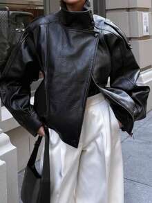 DEEKA 秋冬新款女士时尚皮夹克，简约百搭压纹皮衣，高端外套