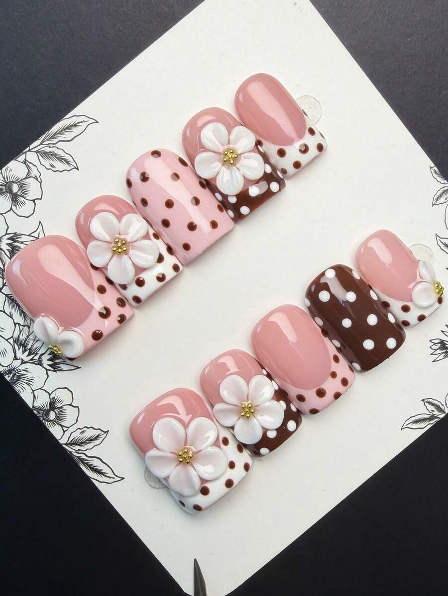 Bộ 10 móng giả phong cách Y2K Baddie, hình vuông ngắn, làm thủ công, màu nude, trắng, hồng, đỏ với các họa tiết kiểu Pháp, chạm khắc, đính hạt, chấm bi, phù hợp cho phụ nữ và bé gái, dự tiệc, sử dụng hàng ngày, bao gồm bộ dụng cụ (màu phụ kiện ngẫu nhiên). - Nhiều màu - Xem 1