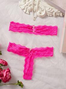 2pcs Women's Sexy Lingerie Set, Rose Red, Sheer, Lace, Strapless, Sexy Underwear Set - Hot Pink - View 1