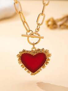 1pc Women's Pendant Necklace, Elegant Resin Inlaid Zinc Alloy Heart Shaped Pendant Necklace, Suitable For Dating And Valentine's Day Jewelry Gift