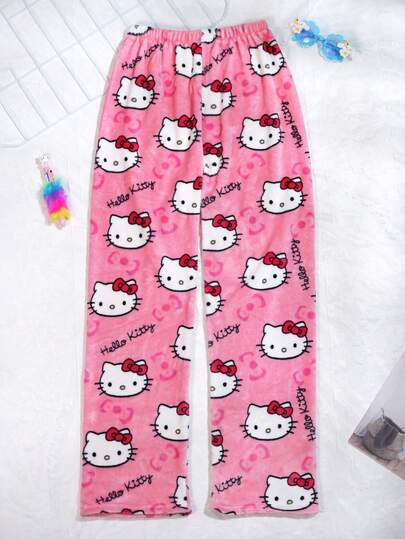  Sanrio för Hello Kitty flanellbyxor - Rosa söta kattungebyxor, Hello Kitty ansiktsmönsterbyxor, perfekt present till kvinnor i större storlekar - Sanrio-fans, bekväm hemklädsel, kawaii moderiktiga, sovbyxor i större storlekar