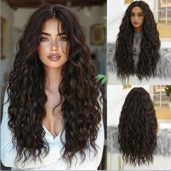 150 % densitet lång vågig lockig peruk för kvinnor - svart Kanekalon högtemperaturfiber, justerbar keps, lämplig för alla hudtoner, tjockt lockigt hår, spetsfri högtemperaturfiber helperuk, lämplig för dagligt bruk