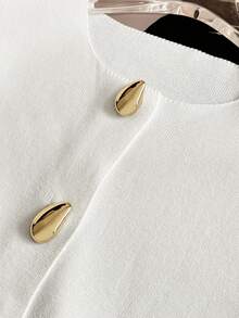 Women's Casual Simple Daily Commute Street Style Versatile Young Fashion Round Neck Straight Shoulder Metal Button White Slim Fit Short Sleeve Cardigan Top, Spring Summer - White - View 3