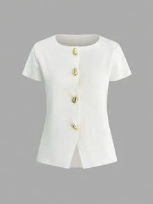 Women's Casual Simple Daily Commute Street Style Versatile Young Fashion Round Neck Straight Shoulder Metal Button White Slim Fit Short Sleeve Cardigan Top, Spring Summer - White - View 10
