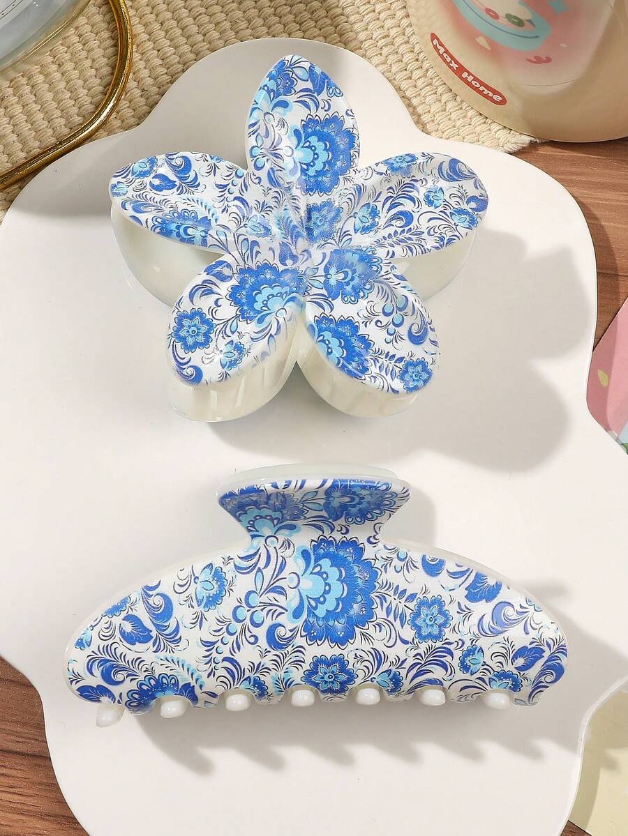 2件套ABS材质蓝白瓷牡丹花UV印花发爪，优雅菊花半圆形发夹组合，简约高端氛围派对头饰女士发爪夹时尚发饰优雅发夹休闲发夹 - 2件套裝-多色 - 查看 1