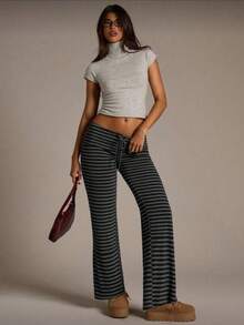 Women's New Ultra Low Waist Black Striped Pants, Suitable For Spring, Summer, Autumn And Winter, Black Pants, All Seasons, Women's Autumn Clothing, Random Striped Print - Black - View 4