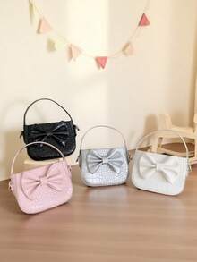 1pc Girls' Solid Color Crocodile Embossed Bow Decor PU Zipper Closure Handbag & Crossbody Bag, Suitable For All Seasons Daily Use - A - View 3