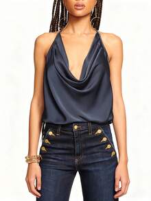 Women's Draped Cowl Neck Halter Top Deep V Backless Going Out Crop Tops - Navy Blue - View 2