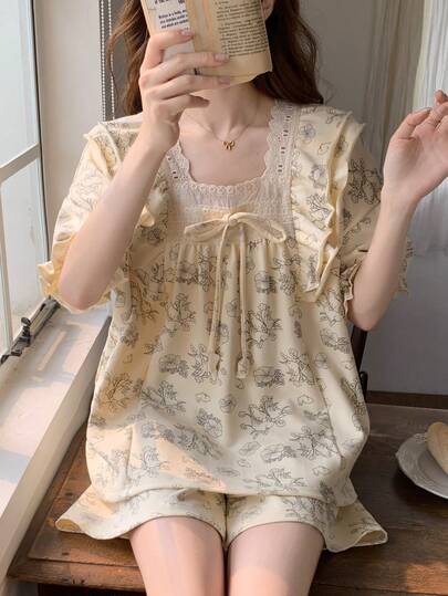 2 piezas Conjunto de pijama con pantalón corto y cuello cuadrado con estampado floral, mujeres ropa de dormir casual y suelta, decoración con lazo, ropa de casa cómoda, tela de fácil cuidado