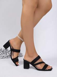 女士夏季新款粗跟透气防滑露趾高跟凉鞋，优雅舒适百搭女士连衣裙凉鞋 - 黑色 - 查看 1