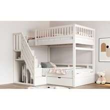 Etagenbett Aus Massivholz 90*200 Cm, Mit Hohem Sicherheitsgitter, Mit Lattenrost, Sicherheitsleiter Mit Stauraum, Mit Stauschubladen, Kinderbett Jugendbett, Weiß - White - View 4