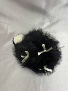 1双女士毛绒蝴蝶结装饰黑色绒面拖鞋，保暖室内/室外皆可穿着，厚底，秋冬季 - 黑色 - 查看 6