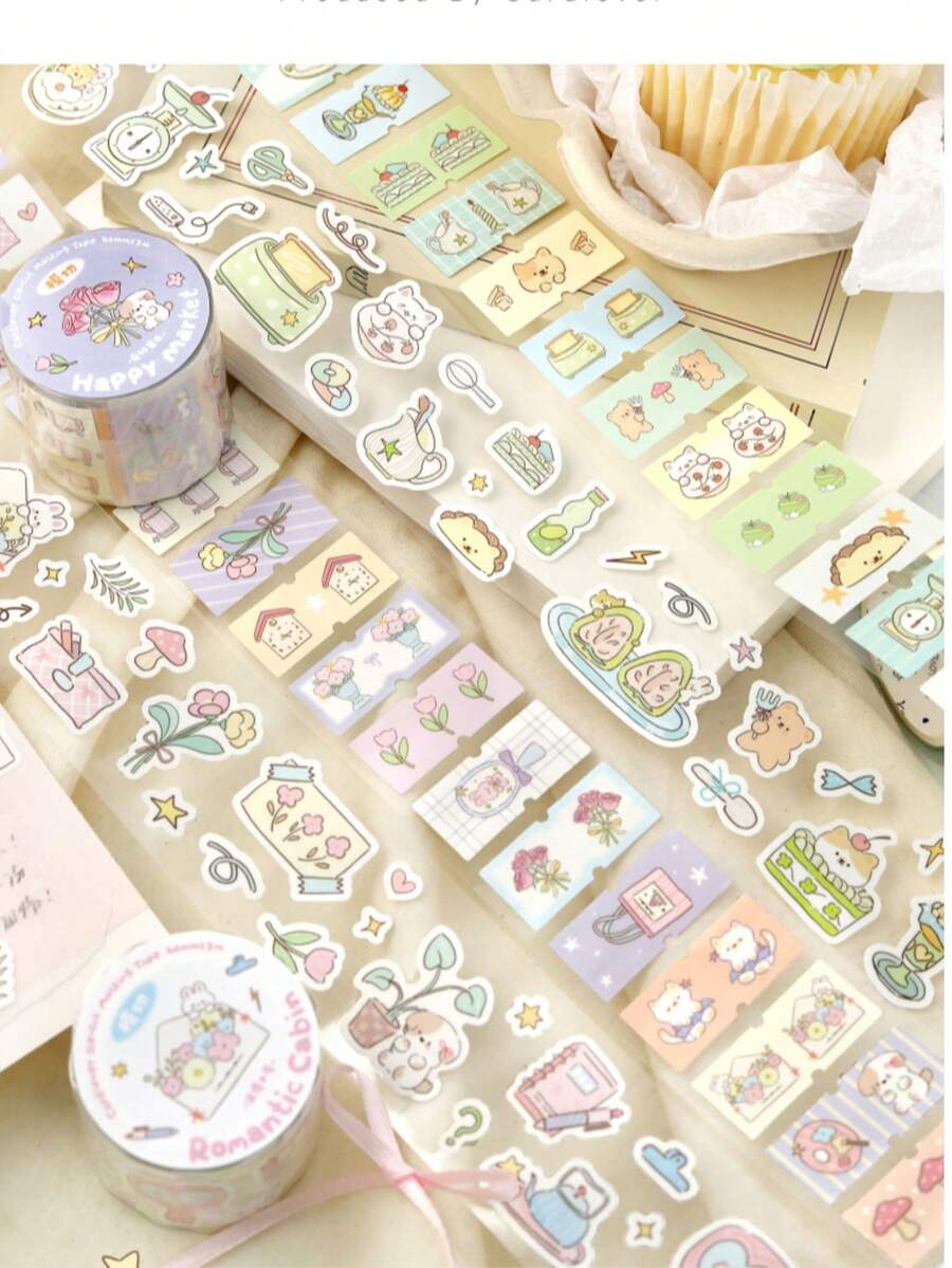 1卷合成纸模切和纸胶带，“快乐旅程”系列剪贴簿DIY装饰贴纸，文具扁平装饰胶带 - 絨絨星球 - 查看 1