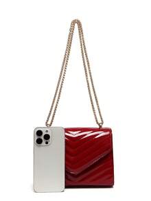 Bolsa Quadrada Pequena de Couro Envernizado Vermelho, Bolsa Transversal de Ombro com Corrente da Moda Feminina, Bolsa Quadrada Pequena Elegante e Versátil com Design de Alça de Corrente Dourada