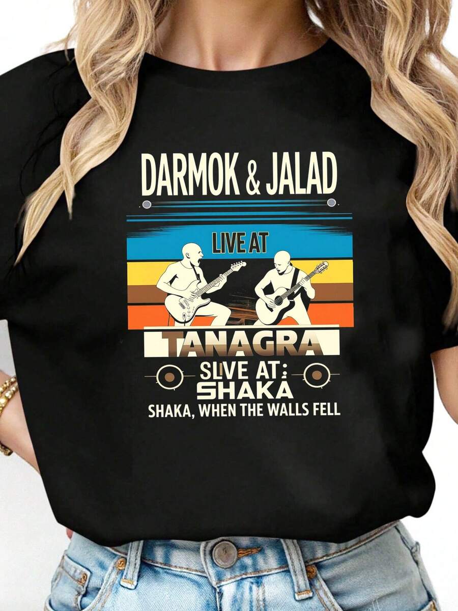 Darmok & Jalad Retro Live Concert At Tanagra Two Guitarists Themed Fun Design Comfortable And Soft Women's Short Sleeve Casual Shirt Ideal Gift For Music Fans Unique Graphic Print -4 - Đen 5 - Xem 1