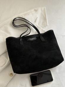 Bolso de hombro de gran capacidad con diseño de etiqueta de letra de unicolor de moda, estilo minimalista práctico para mujer - Negro - Ver 3