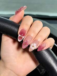 10片法式花卉中号杏仁形美甲贴纸，手工制作，Y2K全息DIY美甲贴纸套装，3D浮雕效果，搭配白色珍珠装饰，全覆盖经典款式，可重复使用，适用于美甲沙龙、女孩和女士日常美甲、节日和礼品，美甲用品 - 彩色 - 查看 3