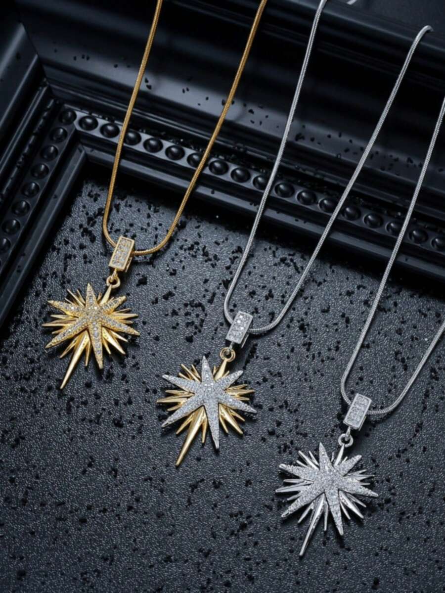 1pc Fashionable Retro Personalized Versatile Style Micro-Paved Cubic Zirconia Pendant Copper Color-Blocked Eight-Pointed Star Pendant Necklace, Can Be Worn By Both Men And Women, Suitable For Daily Travel And Vacation Decoration, Valentine's Day, Birthdays, And Preferred Gifts - Multicolor - View 1