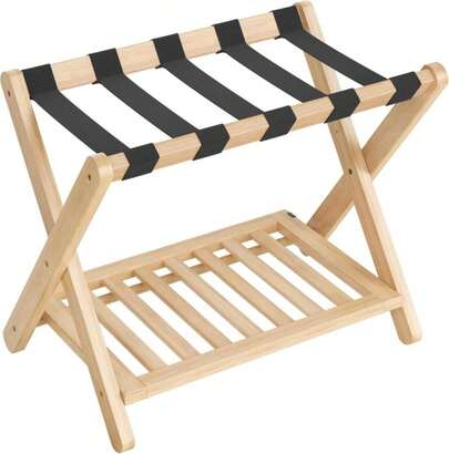 SONGMICS Solid Wood Luggage Rack, No Assembly Required, Foldable Suitcase Stand, Luggage Holder, With Storage Shelf, For Guest Room, Hotel, Bedroom, Ink Black URLR020B02