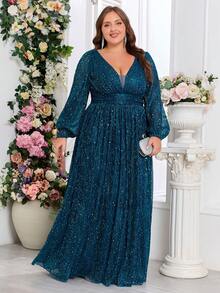 Vestido formal de manga larga con cuello en V elegante talla grande, adecuado para bailes, galas, invitados de boda, ceremonias de graduación, cenas y otras ocasiones - Agua verde azul - Ver 7
