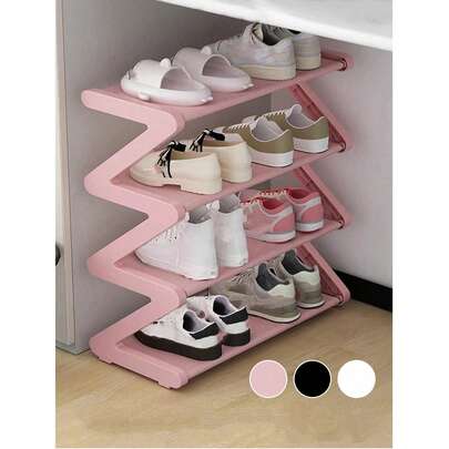 1pc 4-Tier Z-Shaped Shoe Rack, Plastic Floor Standing Storage Shelf, Multi-Function High Capacity Storage Rack, Easy To Assemble Floor Standing Organizer, Suitable For Living Room, No Tools Required, Stackable, Essential For Home And Dorm, Space Saving, Applicable For Hallway, Wardrobe, Living Room, Bedroom