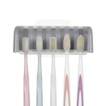5 Slots Wall Mount Toothbrush Holder With Cover Self Adhesive Toothbrush Storage Organizer For Shower Toothbrush Hanger With Automatic Toothpaste Squeezer Dispenser - 灰色 1 包 - 查看 4