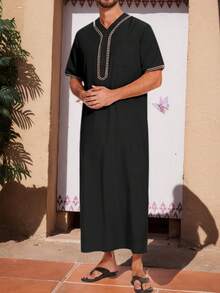 Men's Short Sleeve Robe, Spring And Summer Floral Printed Long Robe, Arab Clothing - Black - View 4