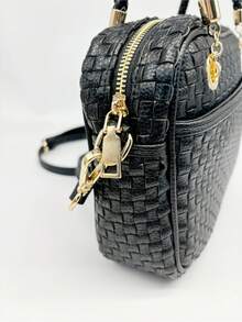 Checkered Crossbody Bag For Women Shoulder Plaid Handbags Top Handle Satchel Bag Woven Bum Bag Stylish Woven Crossbody Bag PU Leather - 純黑色 - 查看 5