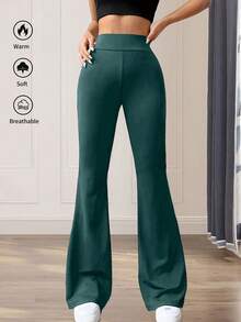 High Waist Solid Color Flare Pants, High Stretch Yoga Flare Leggings, Women Sports Wear - Dark Green - View 2