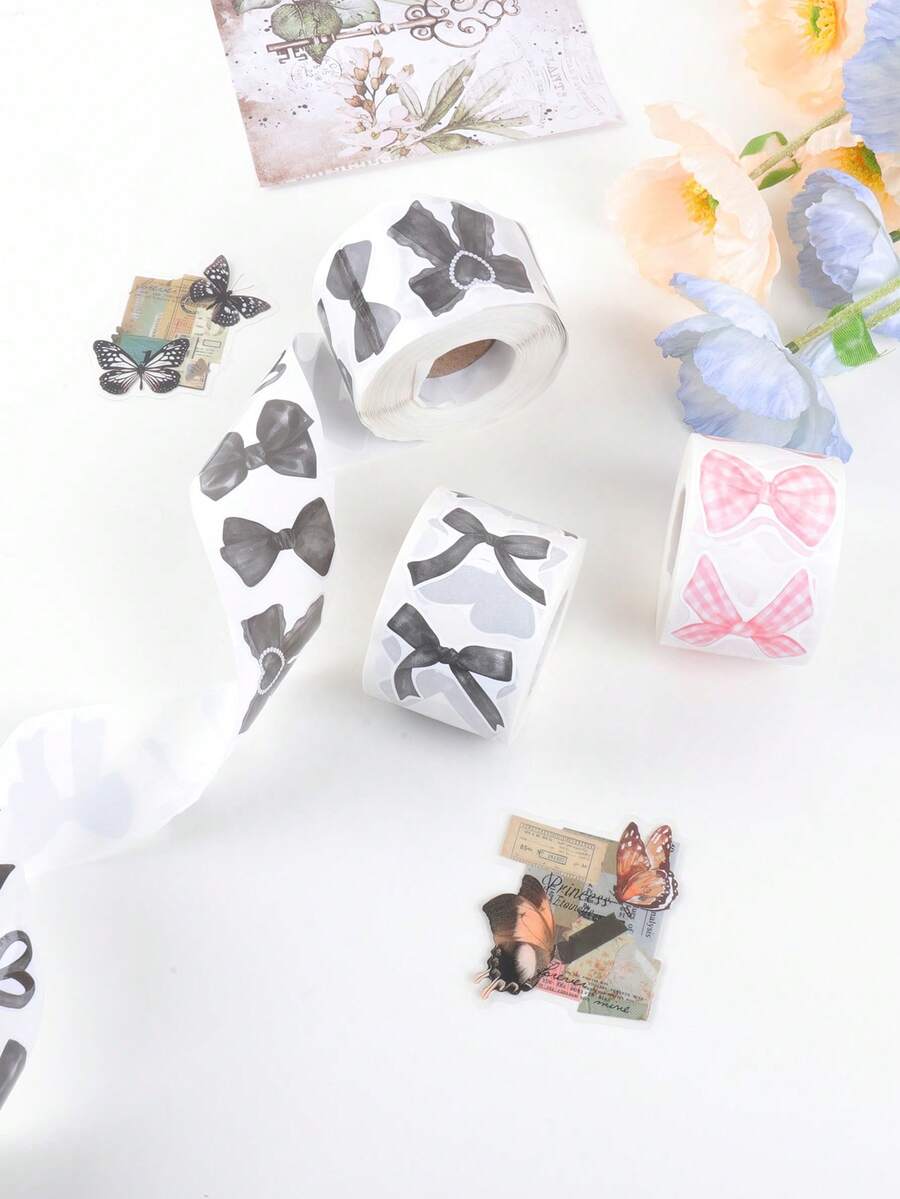 500pcs/Roll Pink And Black Bow Pattern Stickers,16pcs Pattern Office Stationery Decorative Label Stickers, Valentine's Day And Mother's Day Gift Decoration Stickers