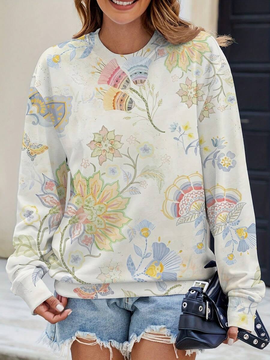 Women'S Oversized 3D Floral Print Sweatshirt - Lightweight Breathable Round Neck Long Sleeve Sweatshirt With All-Over Multicolor Floral Design, Loose Fit Casual Pullover For Casual Attire, All-Season Layering (PinkYellow/Orange) - Easy To Match & Versa - Multicolor - View 1