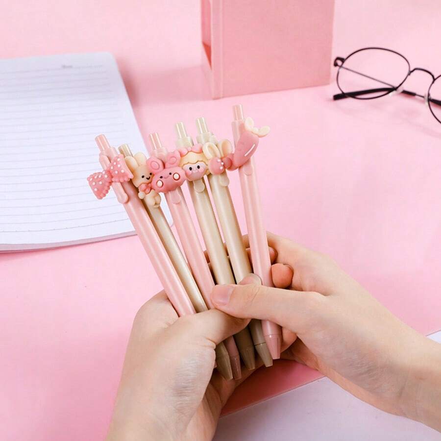 2 Styles Random Cute Girl Press Ballpoint Pen, Ins Aesthetic Student Teenager Black 0.5mm Neutral Ink Gel Pen, 0.5mm Black Ink Plastic Press Style Pink Cream Color Lovely Girl Pen - Multicolor - View 1