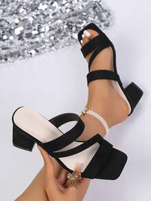 女士夏季新款粗跟透气防滑露趾高跟凉鞋，优雅舒适百搭女士连衣裙凉鞋 - 黑色 - 查看 5