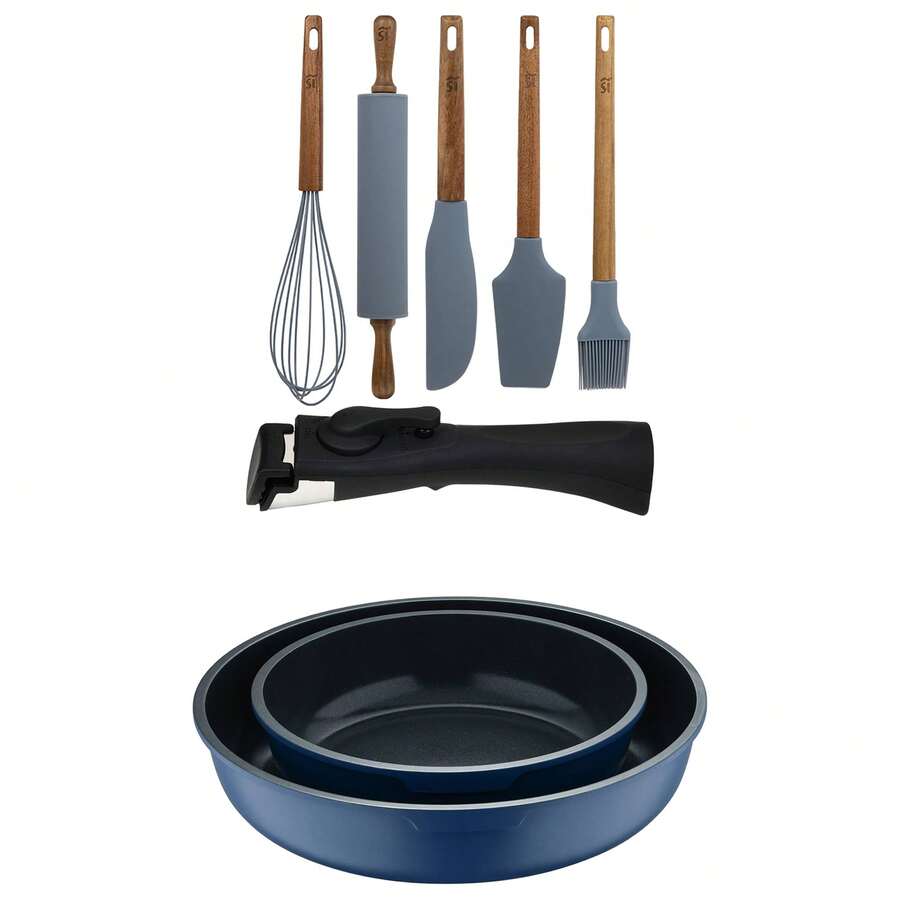 Ensemble de 2 poêles à frire Bergner Click&Cook Ø22Ø26cm en fonte d'aluminium bleue avec poignée amovible + Ensemble de 5 ustensiles de cuisine en silicone et bois - Bleu 2 - Voir 1