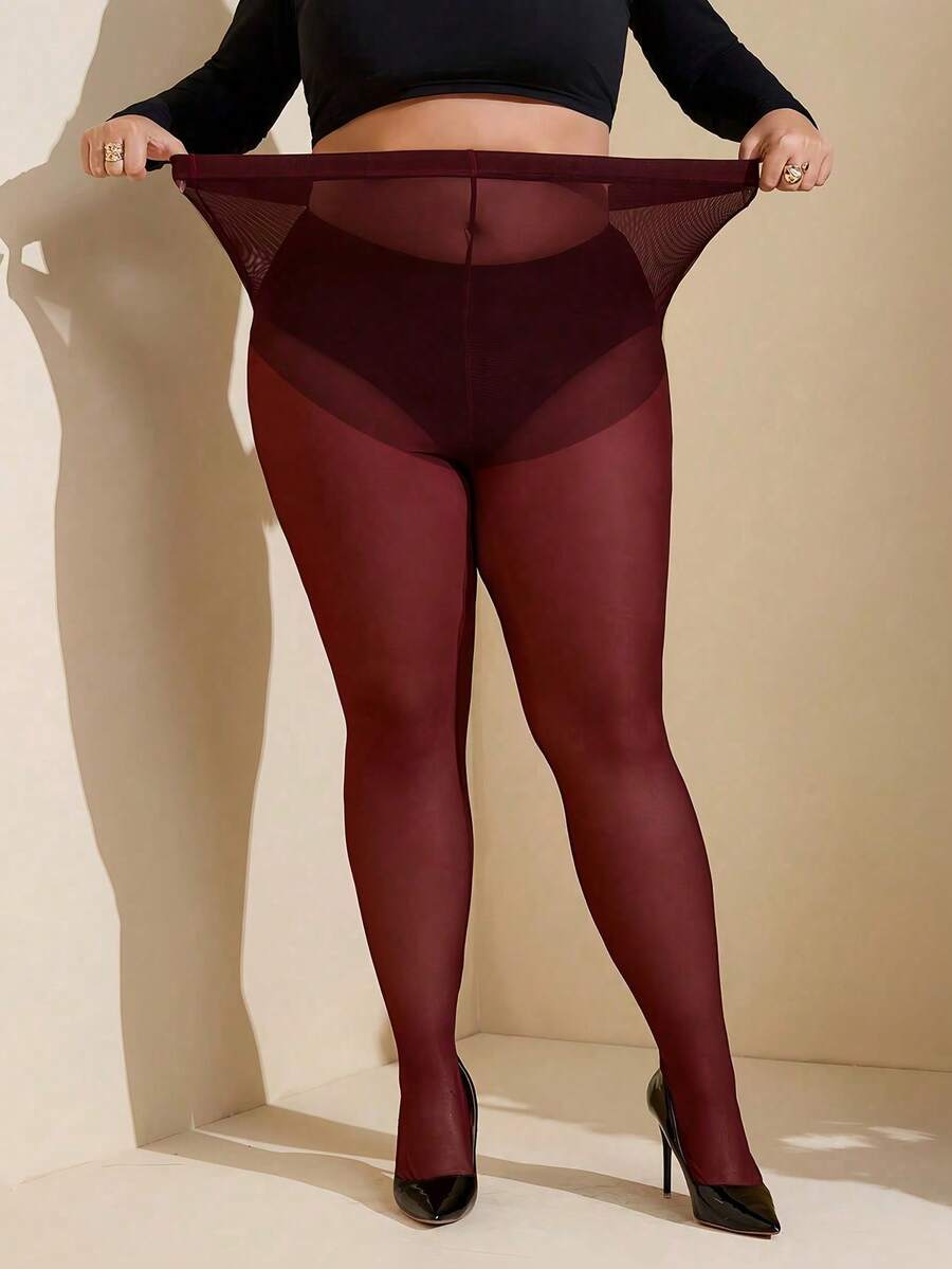 大码女士设计师打底裤、紧身裤和过膝袜 - 时尚前卫的连裤袜，专属曲线修身系列 - 酒紅色 - 查看 1
