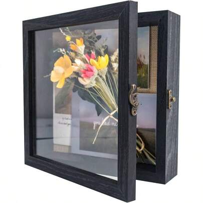 8x8 Shadow Box Frame Solid Wood Glass Door Display Case With Linen Back And 6 Stick Pins, 1.5 Inches Interior Depth, Memorabilia Pictures Flowers Medals Tickets