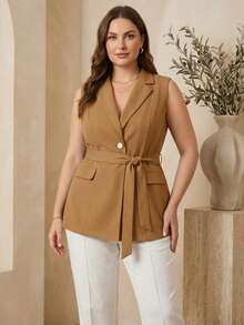 EMODA Women's Plus Size Tailored Blazer Vest, Sleeveless Long Jacket With Belt - Sizes G1 G2 G3 - 駝色 - 查看 1