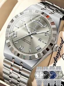 POEDAGAR 1pc Classic Business Men's Sunday Date Stainless Steel Quartz Watch, Casual Waterproof Luminous Men's Wristwatch, Fashionable Luxury Men's Wristwatch, Suitable For Office, Men's Holiday Gift - Multicolor - View 14