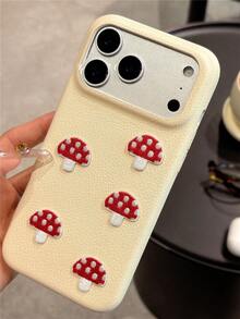 可爱卡通3D刺绣蘑菇荔枝图案手机壳，兼容 17 Pro Max、17 Pro、17、16 Pro Max、16 Pro、16、16、15 Pro Max、15 Pro、14 Pro Max、14 Pro、13、12 Pro Max、11、16、15、14 Plus，春季创意可爱软磨砂防摔软壳 - 白色 - 查看 4