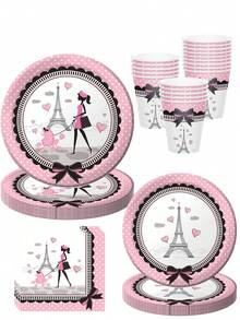 20 Pcs Paris Eiffel Tower Tableware Set | Serves 20 Guests | Paris Theme Tableware Set Kit, Oh La La Baby Shower Birthday Paris Theme Party Supplies,Includes 7 "/9" Plates, Cups And Napkins - Multicolor - View 1