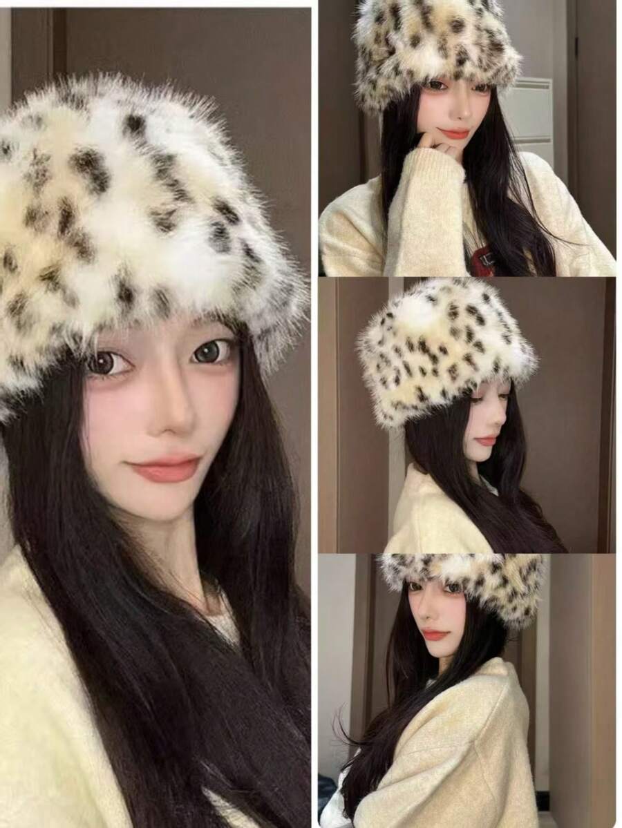 韩版豹纹毛绒圆顶护耳帽，小脸型更显脸小，人造毛皮内衬，冬季加厚保暖渔夫帽 - 水桶豹紋 - 查看 1