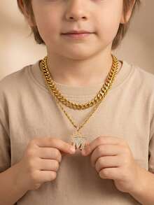 2pcs Set: Fashionable Crown & Letter Pendant Twist Rope Chain And Cuban Chain Multi-Layer Necklace, Suitable For Children Boys Girls Street Party Accessories, Daily Wear - Gold - View 1