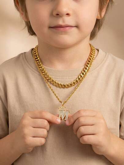 2pcs Set: Fashionable Crown & Letter Pendant Twist Rope Chain And Cuban Chain Multi-Layer Necklace, Suitable For Children Boys Girls Street Party Accessories, Daily Wear